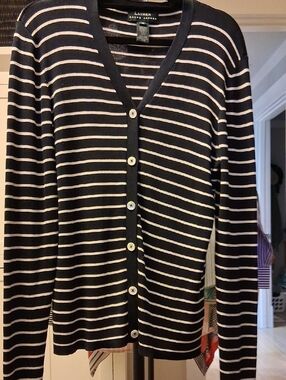 Lauren Ralph Lauren 100% SILK NWOT Black Navy and White Striped cardigan M